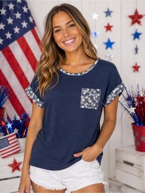 Style & Co Navy Sequin Star Pocket Tee Patriotic Fourth of July Top Size Large